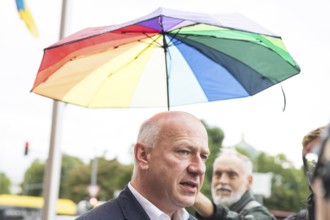 Kai Wegner (Governing Mayor of Berlin) gives interviews after raising the rainbow flag for Pride