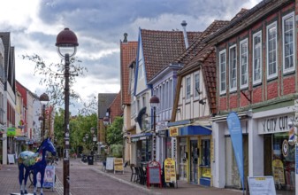 Buildings and shops in Lange Straße in the historic old town centre of Nienburg an der Weser.