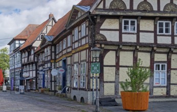 Half-timbered houses on the market square in the historic old town of Nienburg an der Weser.