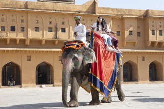 Indian mahout and Indian woman riding a colourfully painted elephant at the Amber Fort or fortress,
