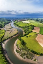 Panorama of Farms and Fields over River Dart from a drone, Stoke Gabriel, Totnes, Devon, England,