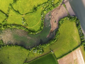 Farms and Fields over River Dart from a drone, Stoke Gabriel, Totnes, Devon, England, United