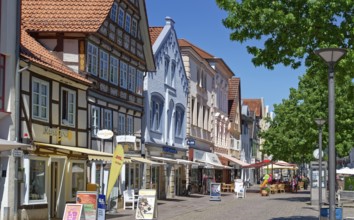 Half-timbered houses on Weserstrasse in the historic old town of Rinteln. Lower Saxony, Germany