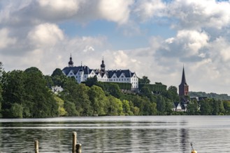 The Great Plön Lake, Nikolai Church and Plön Castle in Plön, Schleswig-Holstein, Germany