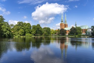 Mill pond and Lübeck Cathedral, Hanseatic City of Lübeck, Schleswig-Holstein, Germany