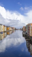 Norway, scenic Trondheim town. Bakklandet, a famous tourist travel destination with colorful houses