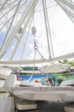 View from below of the structure of a Ferris wheel in front of a blue sky, Ferris wheel