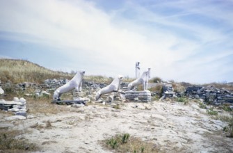 Stone statues of lions, Terrace of the Lions archaeological site, Delos, Cyclades archipelago,