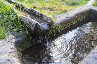 Ellbachsee view fountain, wooden water channel and sandstone water basin, Baiersbronn, Northern