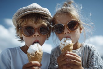 Closeup of a portrait of a children eating ice cream in hot summer day. Happy playful smiling
