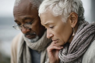 Senior couple grieving. Senior couple with health concerns or trouble in their lives or family, AI