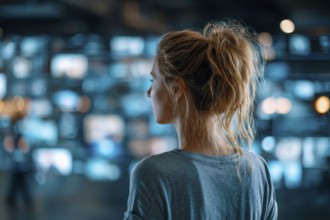 Concept of future entertainment and communication. Attractive young lady looking at wall of TVs, AI