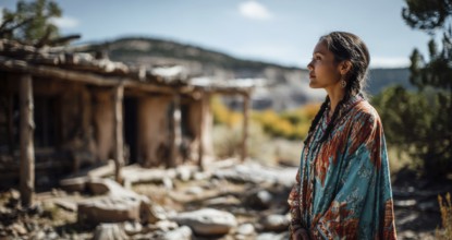 Beautiful and attractive native indigenous north american woman in first nation clothes in