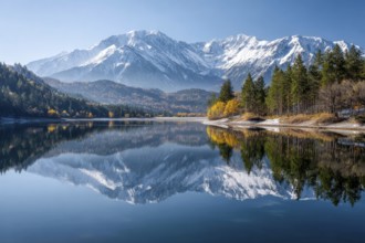 Alpine snow-peaked mountain landscape with trees reflecting in the water of pristine lake, AI