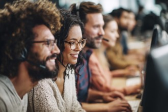 Diverse employees in corporate environment support center analyzing data and helping customers to