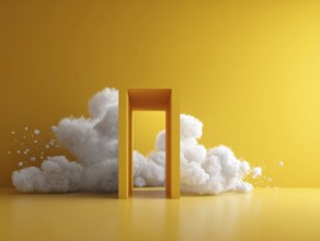 Abstract minimal yellow background with white clouds flying out the tunnel. Entrance to heavens, AI