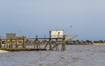 Fishing huts over Randonnee entre Histoire et Nature from a drone, Fouras, Fouras-les-Bains,