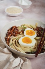 Buckwheat noodles soba with shimeji mushrooms, with boiled egg, green onion, sesame seeds,
