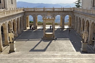 Bramante cloister with cistern and statues of St Benedict and St Scholastica of Nursia, Benedictine
