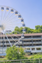 A large Ferris wheel towers over a building, surrounded by green trees under a clear blue sky, 950
