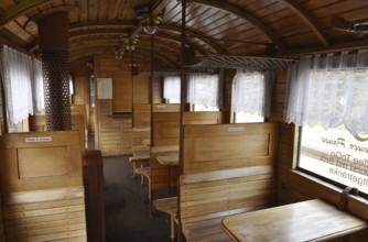 Buffet car, dining car of the Raging Roland on Rügen, Mecklenburg-Western Pomerania, Germany