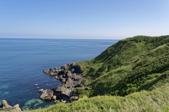 Rocky coast and landscape on the south-east coast near the southern tip of Cornwall on the English