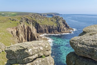 Rock formation off the west coast of England on the Atlantic Ocean. Land's End, the tip of the