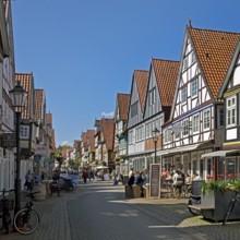 Lively pedestrian zone in the old town with many half-timbered houses, Celle, Lower Saxony, Germany