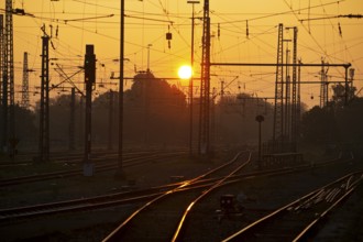 Railway tracks at sunrise, Central Station, Dortmund, Ruhr Area, Germany