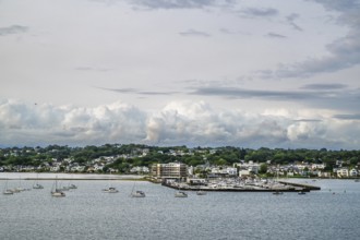 Yachts over Ramshorn Lake and Poole, Brownsea, Dorset, England, United Kingdom