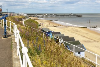 View over beach huts to sandy beach and pier, Southwold, Suffolk, England, UK