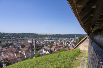 View from the Seilergang, defence wall of Esslingen Castle, down to the old town of Esslingen with