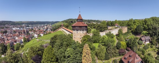 Aerial view, panorama of the city of Esslingen am Neckar with Esslingen Castle, Dicker Turm,