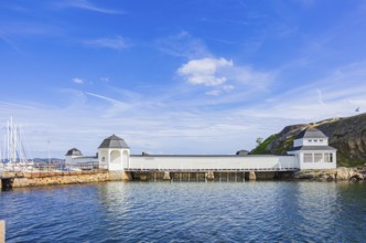 Picturesque view of the Kallbadhus, the cold bathhouse of Lysekil, Bohuslän, Västra Götalands län,