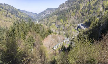 View of the famous, narrow, so-called Höllenbach valley with the B31 main road and railway line,