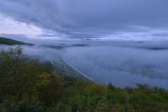 A river flows through misty hills at dusk, summer, Rhine bend Boppard, Gedeonseck, Boppard, Rhine,