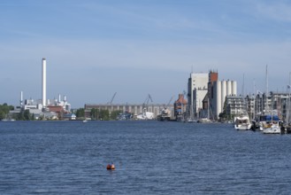 Shipyard office and commercial harbour, Flensburg, Flensburg Fjord, Baltic Sea, Schleswig-Holstein,