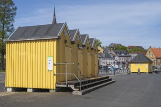 Yellow wooden houses on the promenade, pavilion, show booth, historic harbour, Flensburg, Flensburg