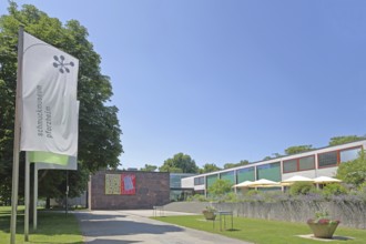 Flags with inscription Jewellery Museum, Reuchlinhaus, Pforzheim, Northern Black Forest, Black