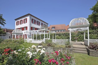 Rose garden and historic Klösterle house, garden with roses, flowers, pergola and arbour,