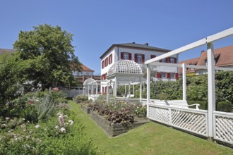 Rose garden and historic Klösterle house, garden with flowers, pergola and arbour, Ettlingen, Black