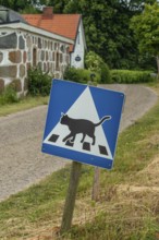 Traffic sign showing a cat crossing on a country road near Ystad, Skåne County, Sweden, Scandinavia