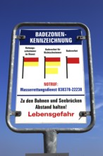 Warning sign, bathing zone labelling at the North Sea, Germany