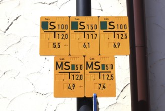 Signs indicating a long-distance gas pipeline, gas pipeline, shut-off device for the gas