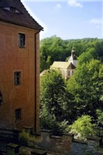 View from Kuckuckstein Castle to the church of Liebstadt from a rocky outcrop on an old trade route