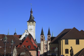 View over the Old Main Bridge to the Grafeneckart and St Kilian's Cathedral, Würzburg, Lower