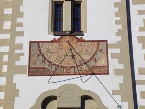 Sundial on the Grafeneckart, oldest part of the town hall, Würzburg, Lower Franconia, Bavaria,
