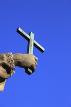 Detail of hand with cross, St John of Nepomuk on the Old Main Bridge, Würzburg, Lower Franconia,