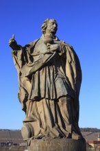 Carolus Borromäus statue, bridge saint on the Old Main Bridge in Würzburg, Lower Franconia,