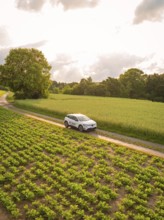 A car drives on a dirt track between green fields under a cloudy sky, Deer E- CarSharing, Renault